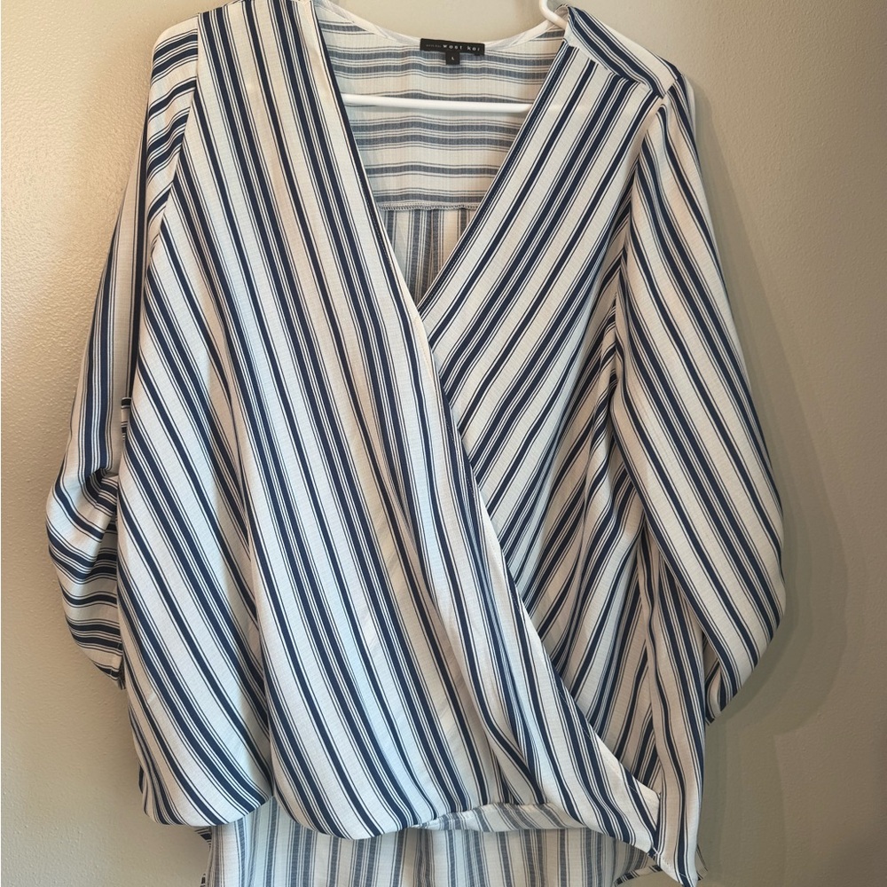 West Kei Blue and White Striped V-Neck Blouse